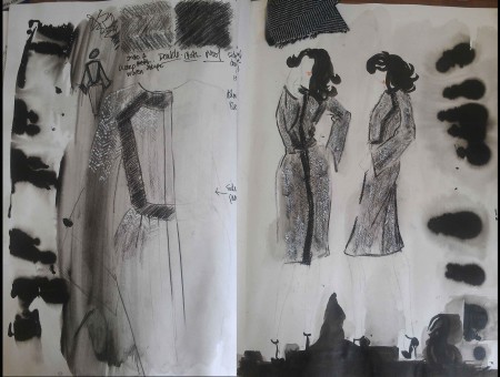 Film Noir/Toulouse Lautrec Sketches – Double Cloth Wool Herringbone